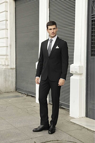 AEK FIORE Erkek Siyah Çizgi Desenli Klasik Takım Elbise