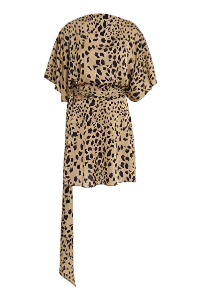 Keikei Desenli Saten Kısa Kol Kısa Elbise