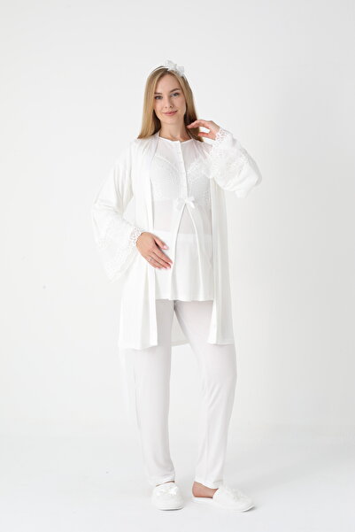 Lohussa Set de pijamale pentru femei, ecru, cu nasturi, cu design special de ...