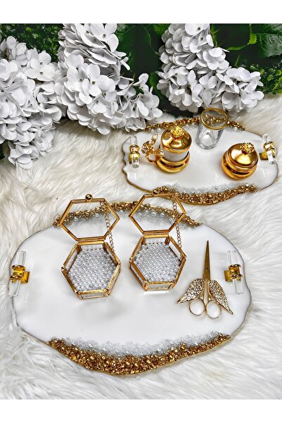 RESİNARTSHOP Epoksi Tepsi Lüx Nişan Seti Gold