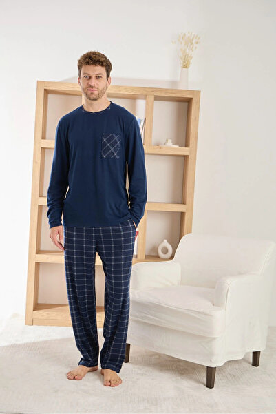 Pijamoni Men's Long Sleeve Checked Pocket Winter Navy Blue Pajama Set