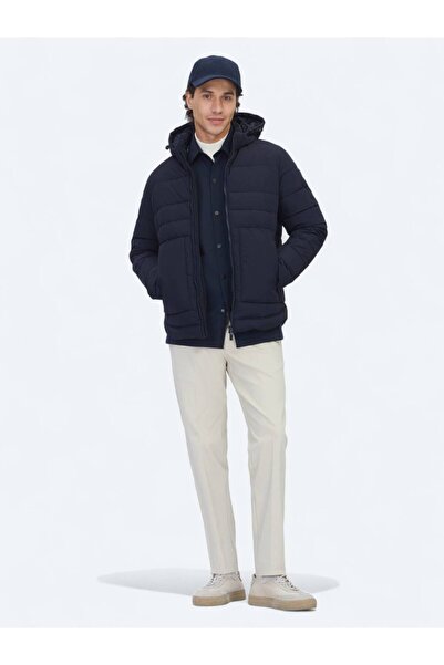 Kip Navy Blue Regular Fit Hooded Casual Woven Coat