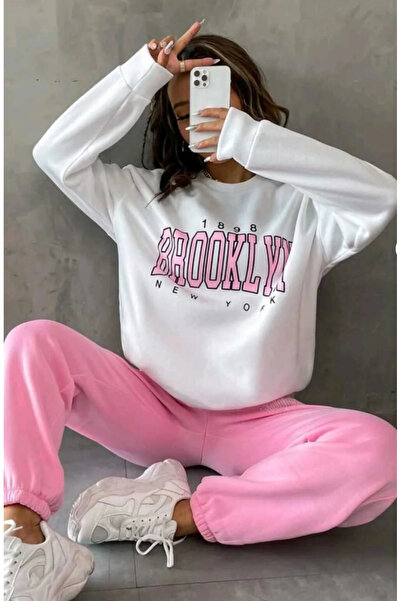 SUNFREE Brooklyn Printed Bottom Top Set Cotton Sports Crew Neck Sweatshirt And Elastic Sweatpants