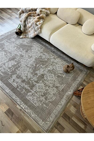 Serteks Desenli Gri Yıkanabilir Dokuma Kaymaz Tabanlı Salon Halısı