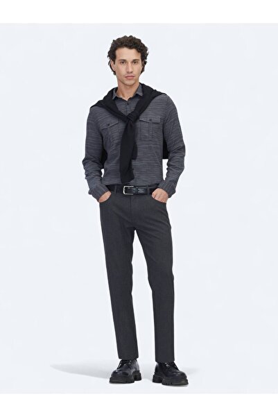 Kip Anthracite Regular Fit Woven Casual Cotton Blend Shirt