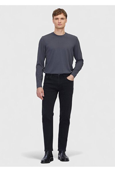 Ramsey Anthracite Straight Slim Fit Denim Cotton Blended Trousers