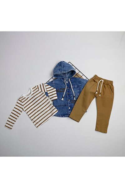 bebegci طقم ولادي مكون من 3 قطع مع جاكيت جينز مطرز وسترة مخططة