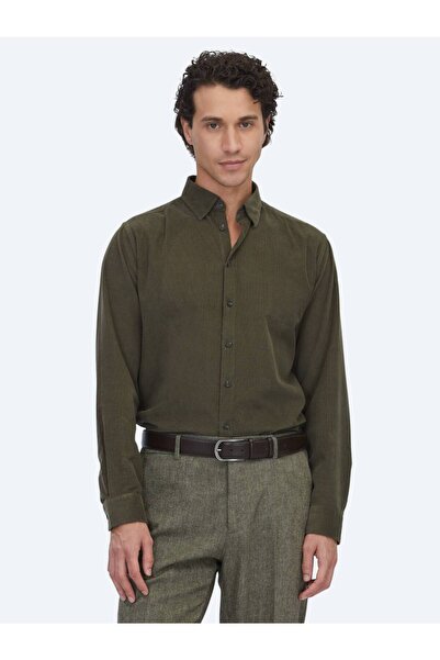 Kip Khaki Striped Regular Fit Woven Velvet Casual 100% Cotton Shirt