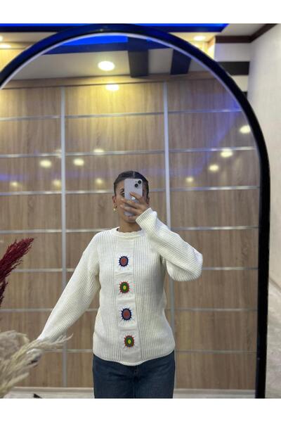 CLOUDY WEAR&DESİGN Girl's Colorful Embroidery Detailed Pink-Ecru Oversized Knitwear Sweater