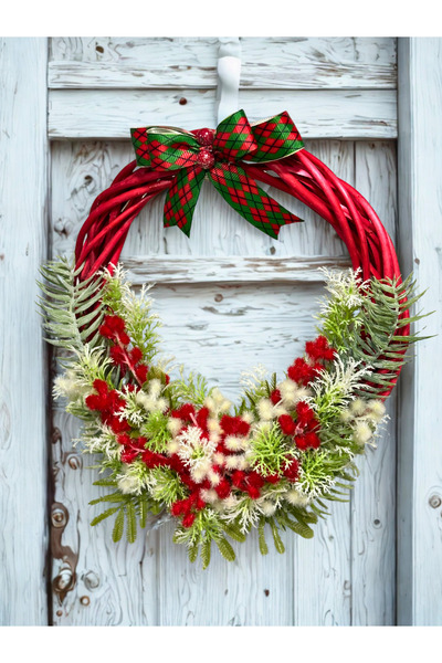 Home Kırmızı Yapay Çiçekli Yeniyıl Temalı Kapı Süsü,Ahşap Çelenk