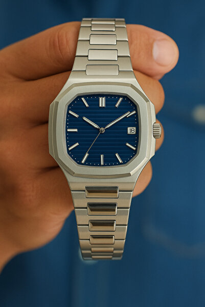 İSTLİV Men's Silver-Navy Blue Color Analog Wristwatch