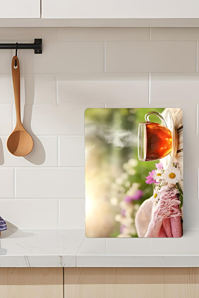 kutuTR لوح تقطيع من الزجاج المقسى بنمط الشاي والبابونج مقاس 21×30 سم مع طباعة...