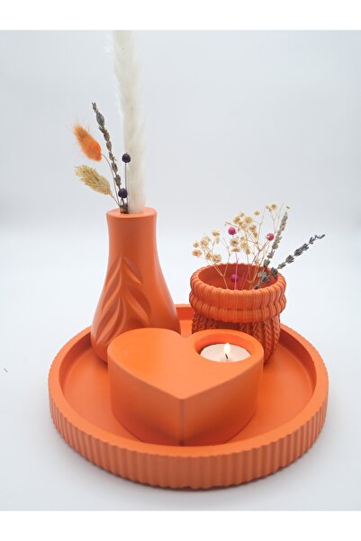 ATEŞLER HEDİYELİK turuncu dekoratik vazo ve mumluk set