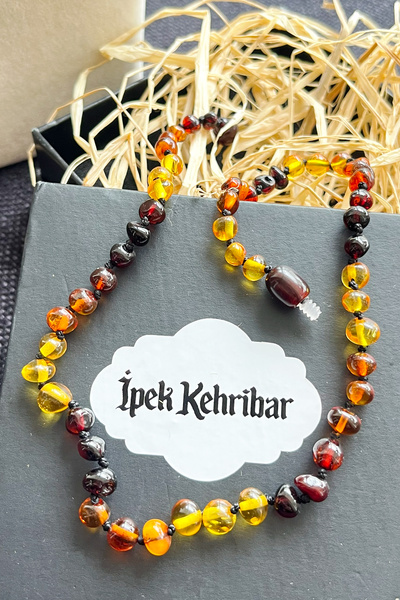 İpek Kehribar Baltic Drop Amber Necklace, Baby Kids Necklace – Original Certified Yellow-Cognac-Cherry Silk-521