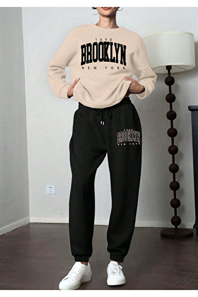 SUNFREE Brooklyn Printed Bottom Top Set Cotton Sports Crew Neck Sweatshirt And Elastic Sweatpants