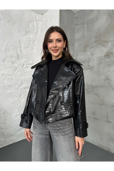 Elif Özbey Butik Black Textured Leather Jacket