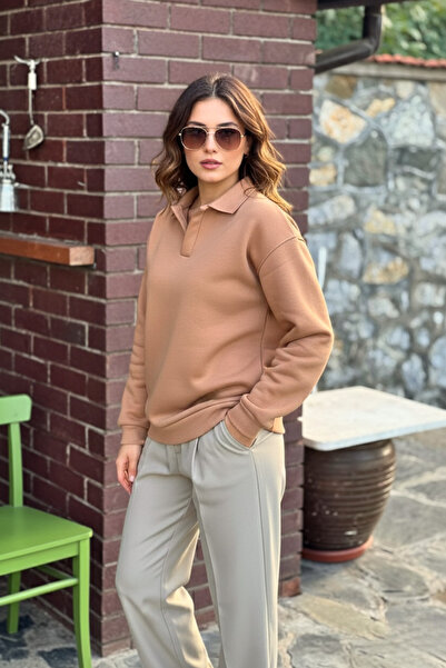 GUARAZ Дамска кафява памучна блуза с поло яка от мек дебел плат