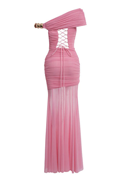 Keikei Pembe Tül Kolsuz Uzun Elbise