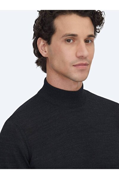 Kip Pulover din tricotaj din amestec de lână jacquard cu jumătate de gât înalt antracit