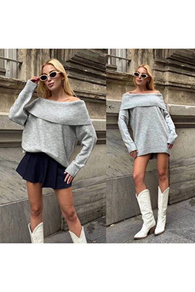 MetuCA Γυναικείο φόρεμα πουλόβερ με γκρι γκρι γιακά Madonna oversized casual ...