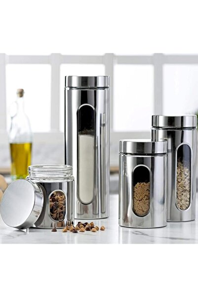 Generic Tazweeq 4Pcs Stainless Steel Canister Set with Glass Window and Sealing Lid for Kitchen Countertop,