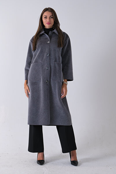 Feminist Bebe Yaka Çift Cepli Kaban Gri 31050686