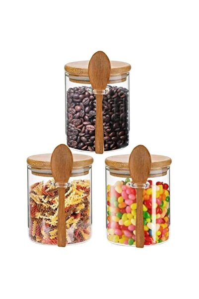 Generic Glass Storage round Jar-with Bamboo Lids and bamboo Spoon-Set of 3 Airtight Food Jars-Kitchen Food