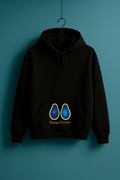 IV QUATTUOR Hamile Kapüşonlu Sweatshirt Siyah Oversize 3 iplik Şardonlu Kadın Bol Kesim Hoodie