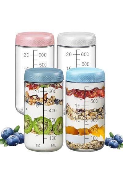 Generic 4pcs 600ml Glass Jars with Screw Lids for Overnight Oats Condiment Salad Dressing Sauce Meal Contai