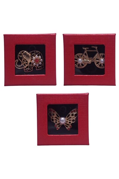 Vision XXI Set of 3 3D Gold Brooch Pins with Pearls, Elephant, Bicycle and Butterfly Pattern,