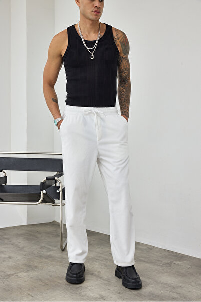 İLKCET MODA Kadife Beyaz Erkek Oversize Kalın Pantolon