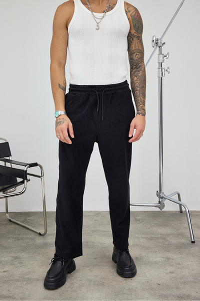 İLKCET MODA Кадифени черни мъжки панталони с голям размер и дебел плат