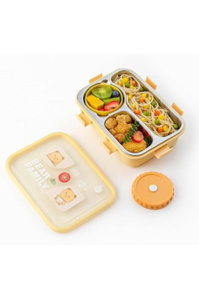 Generic Bear Family Stainless Steel Bento Lunch Box, 3 Compartments with Soup Bowl, Includes Spoon and Chop