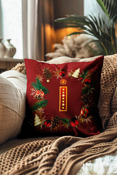 Pillow Dream Digital Printed Throw Pillow Cover in Red and Yellow Colors with New Year Themed Letter Globe Pine Tree Pattern