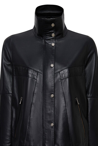 Derimod Hannah Kadın Siyah Yaka Kürklü Oversize Deri Mont 25WGE56141M