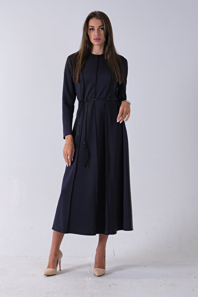 Feminist Bisiklet Yaka Önü Pile Detaylı Beli Kemerli Elbise Lacivert 4593453
