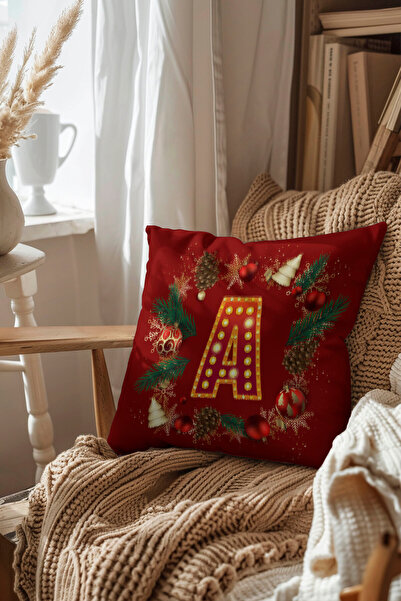 Pillow Dream Digital Printed Throw Pillow Cover in Red and Yellow Colors with New Year Themed Letter Globe Pine Tree Pattern