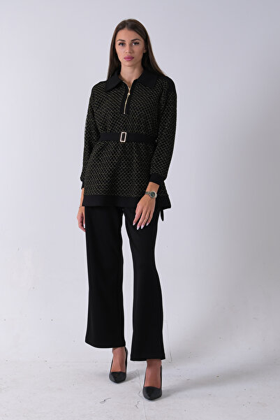 Feminist Tunik Yaka Fermuar Kapamalı File Detaylı Pantolonlu Takım Gold 4577283