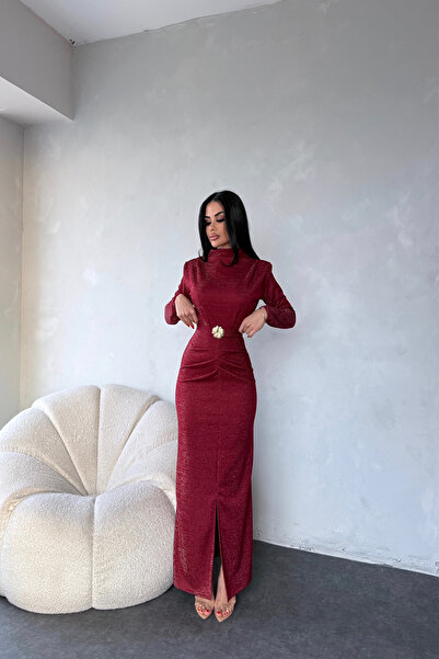 kamacibutik Fisherman Collar Silvery Pleated Vest Dress with Belt from Shoulder Pad