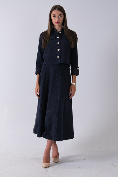Feminist Önü Düğme Kapamalı Crop Ceket Etekli Tüvid Takım Lacivert 45950601