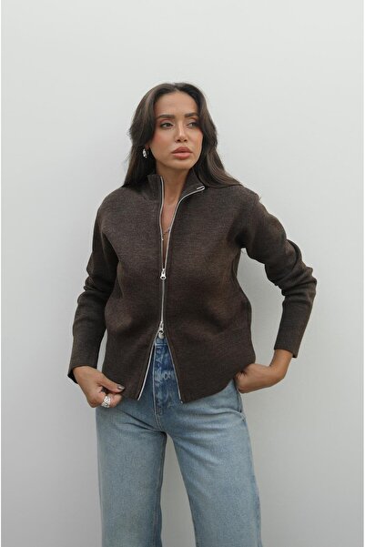 Havoş Brown Double Zipper Cardigan