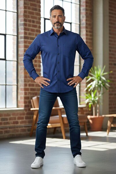 EREN STYLE Cămașă clasică cu mânecă lungă, 100% bumbac, albastră, cu de tranziție dungi (model obișnuit)