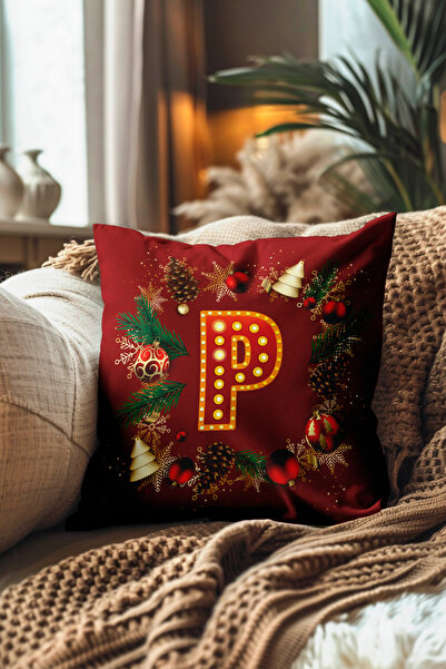 Pillow Dream Digital Printed Throw Pillow Cover in Red and Yellow Colors with New Year Themed Letter Globe Pine Tree Pattern