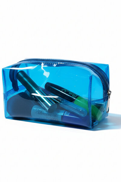 Femmelogy Şeffaf Mavi Makyaj Çantası Su Geçirmez PVC Fermuarlı Kozmetik Seyahat Organizer