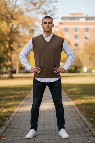 EREN STYLE Pulover maro cu decolteu în V (unisex)