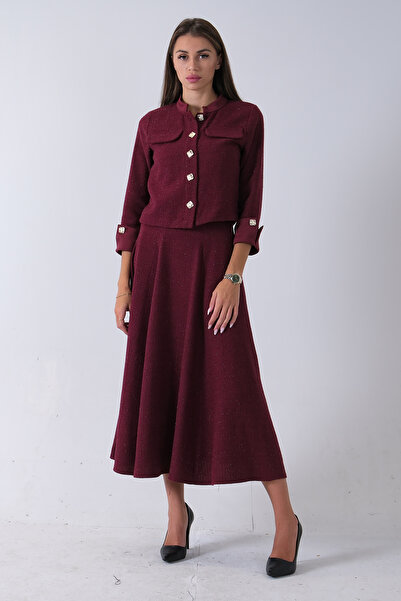 Feminist Önü Düğme Kapamalı Crop Ceket Etekli Tüvid Takım Bordo 45950601