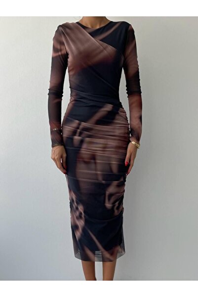 Monapera Bisiklet Yaka Uzun Kollu Amarone Desenli Midi Tül Elbise