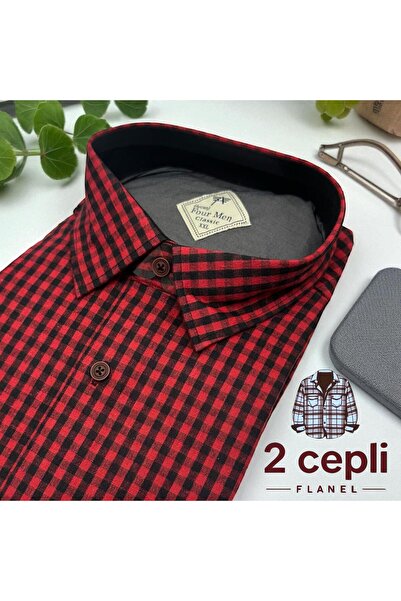 EREN STYLE قميص أحمر من قماش الفلانيل الشتوي الكلاسيكي المصنوع من القطن بنسبة 100% بأكمام طويلة ومقاوم للتعرق مع جيبين (Regu