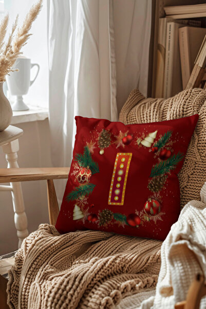 Pillow Dream Digital Printed Throw Pillow Cover in Red and Yellow Colors with New Year Themed Letter Globe Pine Tree Pattern
