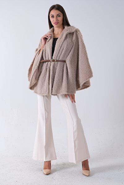 Feminist Tek Düğme Kapamalı Kemerli Yün Peluş Ceket Taş 940140183